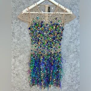 Unique Designer Dress Mallini Couture with Crystal and Feather Detailing- Size S